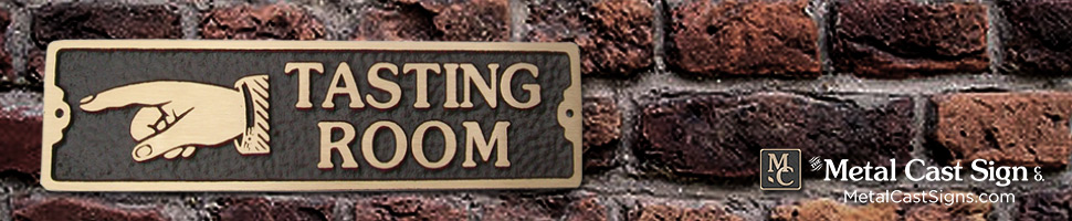 Tasting Room sign w/classic pointing hand - cast bronze banner